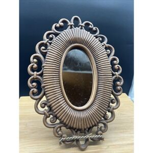 Vintage HOMCO Oval Mirror Wall Decor Brown Plastic Faux Wicker USA 9.5x7" Small